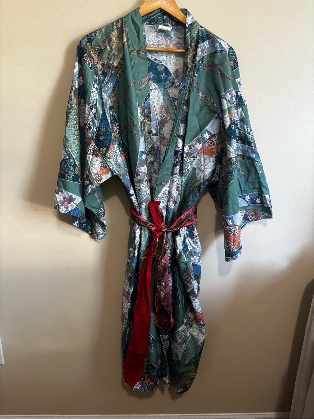 Vintage Japanese Kimono Robe XL Green Floral Cotton Belted Yukata - Picture 4 of 12